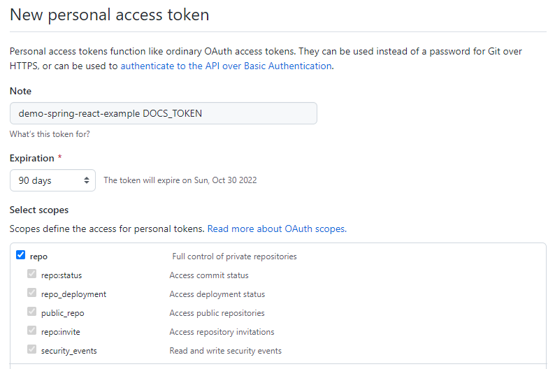 Personal Access Token Creation Page