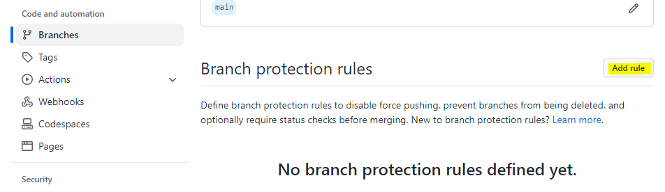 Branch protection rules setup