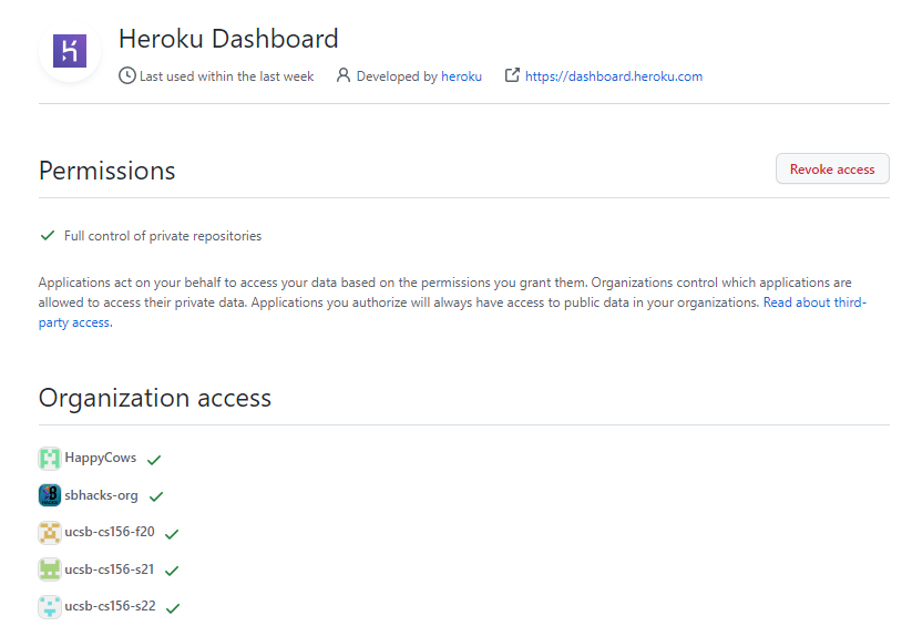 Heroku OAuth Application page